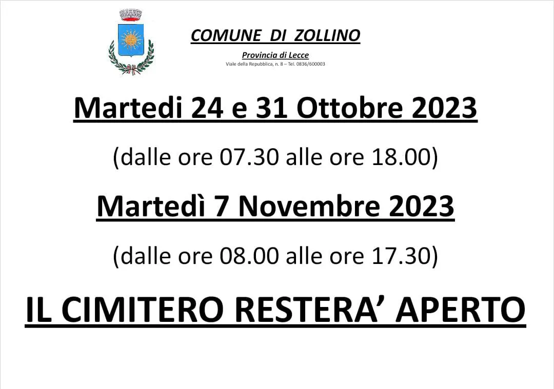 Apertura straordinaria del cimitero comunale